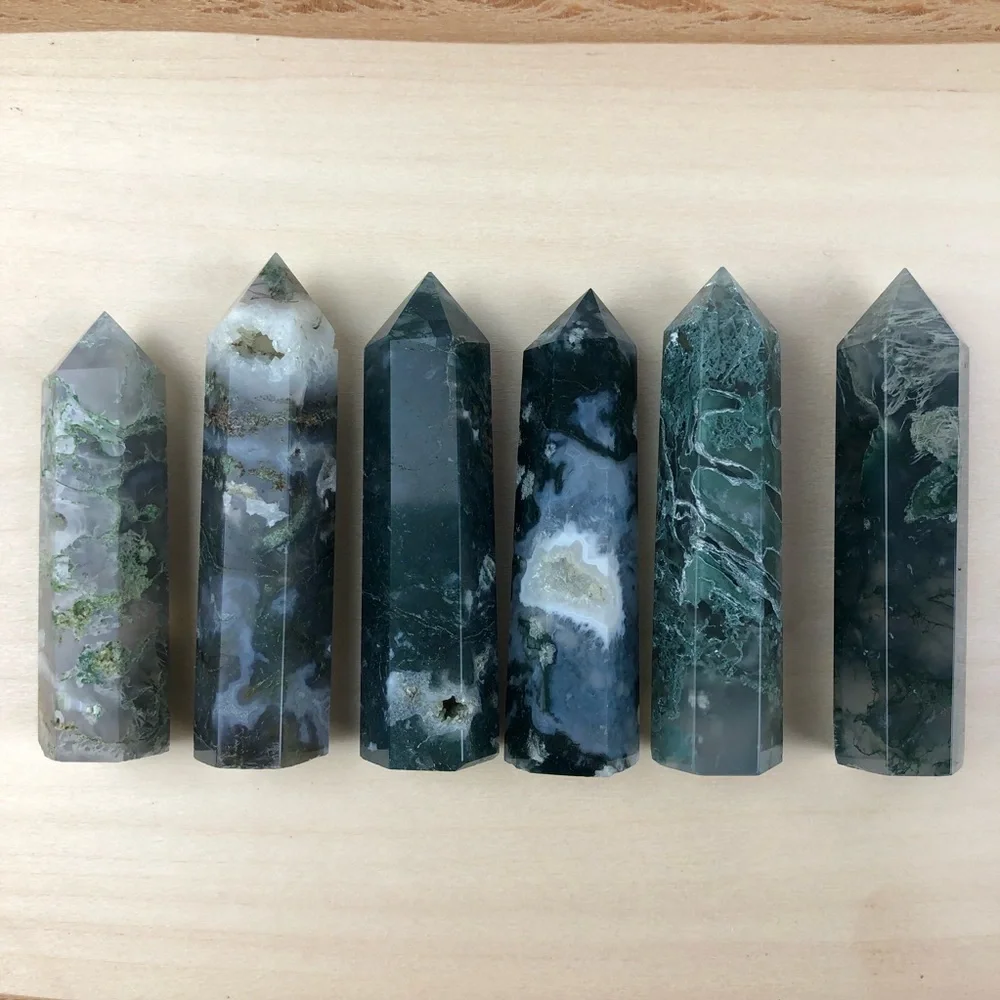 Green Moss Agate stone crystal healing tower pyramid point obelisk wand rock - Picture 8 of 15